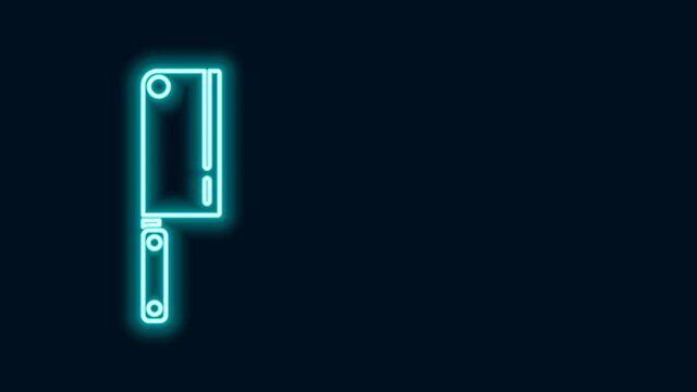 Glowing neon line Meat chopper icon isolated on black background. Kitchen knife for meat. Butcher knife. 4K Video motion graphic animation