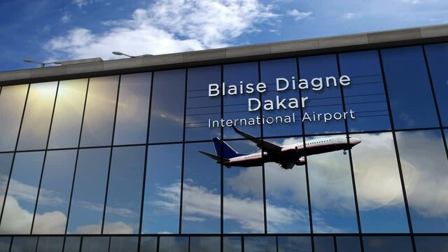 Jet aircraft landing at Dakar, Senegal 3D rendering animation. Arrival in the city with the glass airport terminal and reflection of the plane. Travel, business, tourism and transport concept.