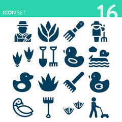 Simple set of 16 icons related to drake