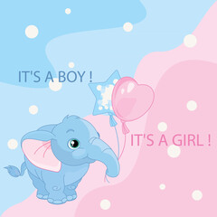 Cute elephant with balloons. Baby Shower greeting card