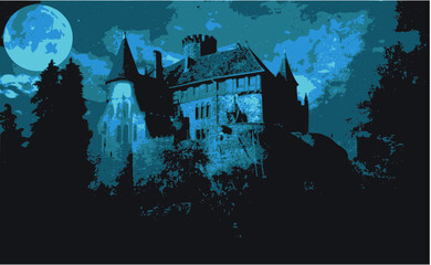 château hanté dans un paysage nuit avec pleine lune style fantastique,gothique ou theme halloween - 387672114