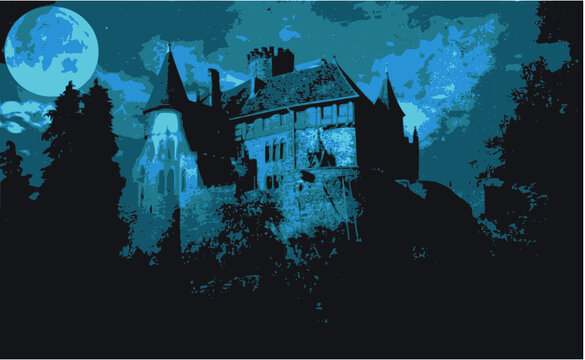 ch&acirc;teau hant&eacute; dans un paysage nuit avec pleine lune style fantastique,gothique ou theme halloween