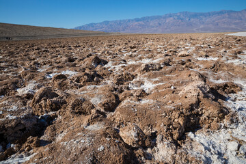 The salt bed of Badwater Basin, the lowest point in North America at -282 feet, in Death Valley National Park in California.