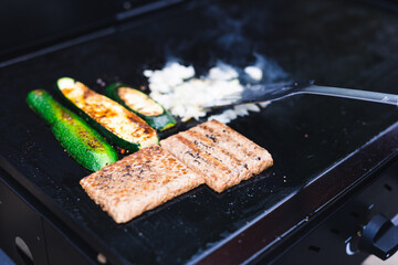 plant-based food, vegan tempeh zucchini and onion barbecue