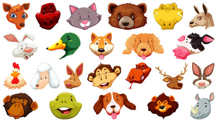 Set of different cute cartoon animals head huge isolated on white background