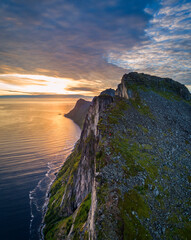 Fototapeta na wymiar Sunset over Senja island in Northern Norway , mount Hesten in the middle of frame.