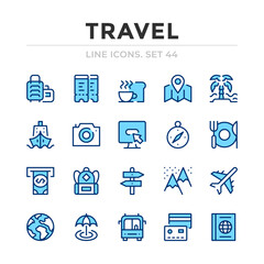 Travel vector line icons set. Thin line design. Outline graphic elements, simple stroke symbols. Travel icons