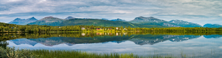 Lofoten archipelago, reflection in water during bright sunny day in Northern Norway, Lofoten. - obrazy, fototapety, plakaty