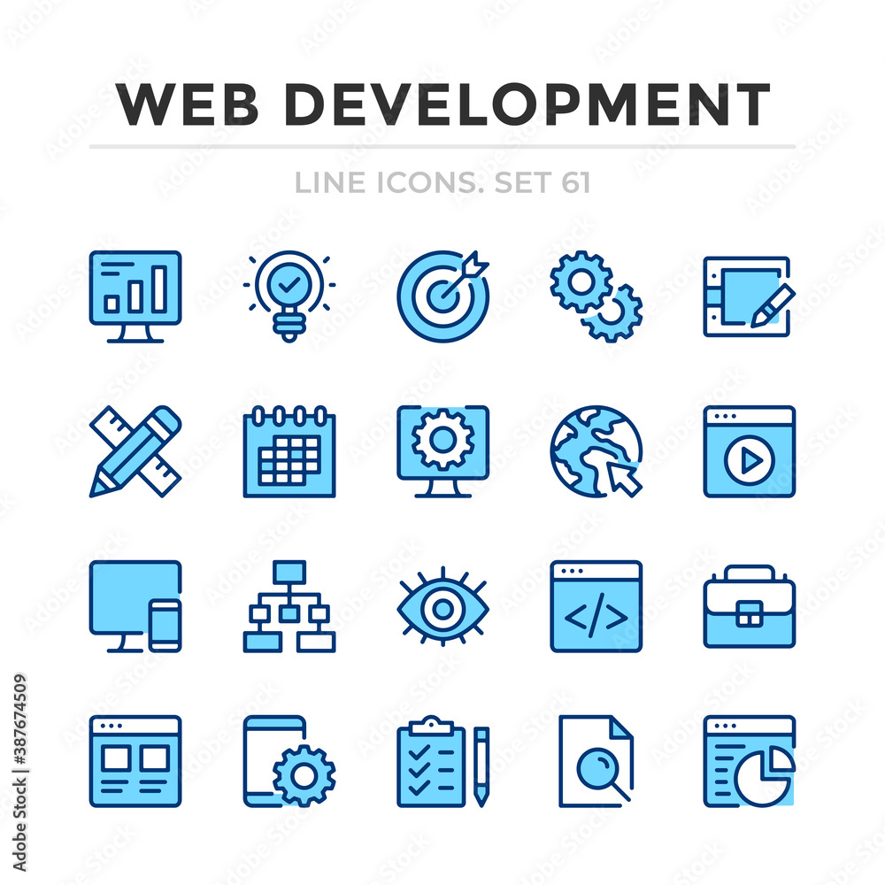 Poster web development vector line icons set. thin line design. outline graphic elements, simple stroke sym