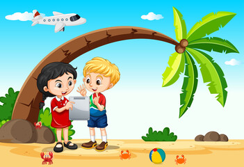 Kids using tablet during travelling with beach and plane background