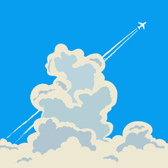 Jet plane flying in the sky among big cumulus clouds, leaving vapor trails behind in flight. Vector illustration
