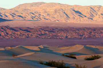 Fototapeta na wymiar Beautiful landscape view of the Mesquite Flat Sand Dunes during sunset in Death Valley National Park (California).