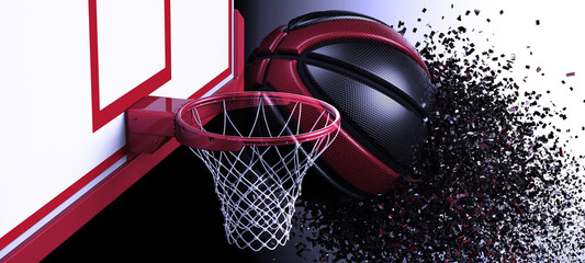 Goal of Basketball and Red-Black Basketball with red particles. Basketball consists of small circles and dots. 3D illustration. 3D high quality rendering.