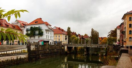 Obraz premium Lljubljanica river on the rainy autumn day