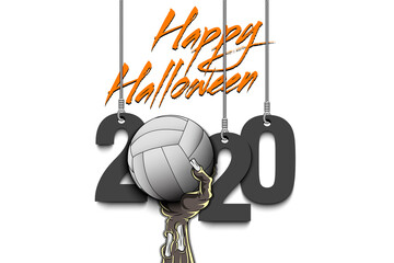 Happy Halloween. Numbers 2020 year hanging on strings and zombie hand is holding a volleyball ball.  Pattern for banner, poster, greeting card, flyer, party invitation. Vector illustration