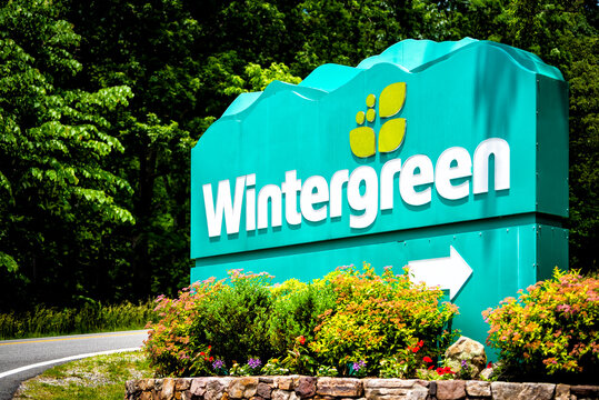 Wintergreen, USA - June 9, 2020: Green Summer At Ski Resort Town Village In Blue Ridge Mountains In Summer With Sign At Entrance