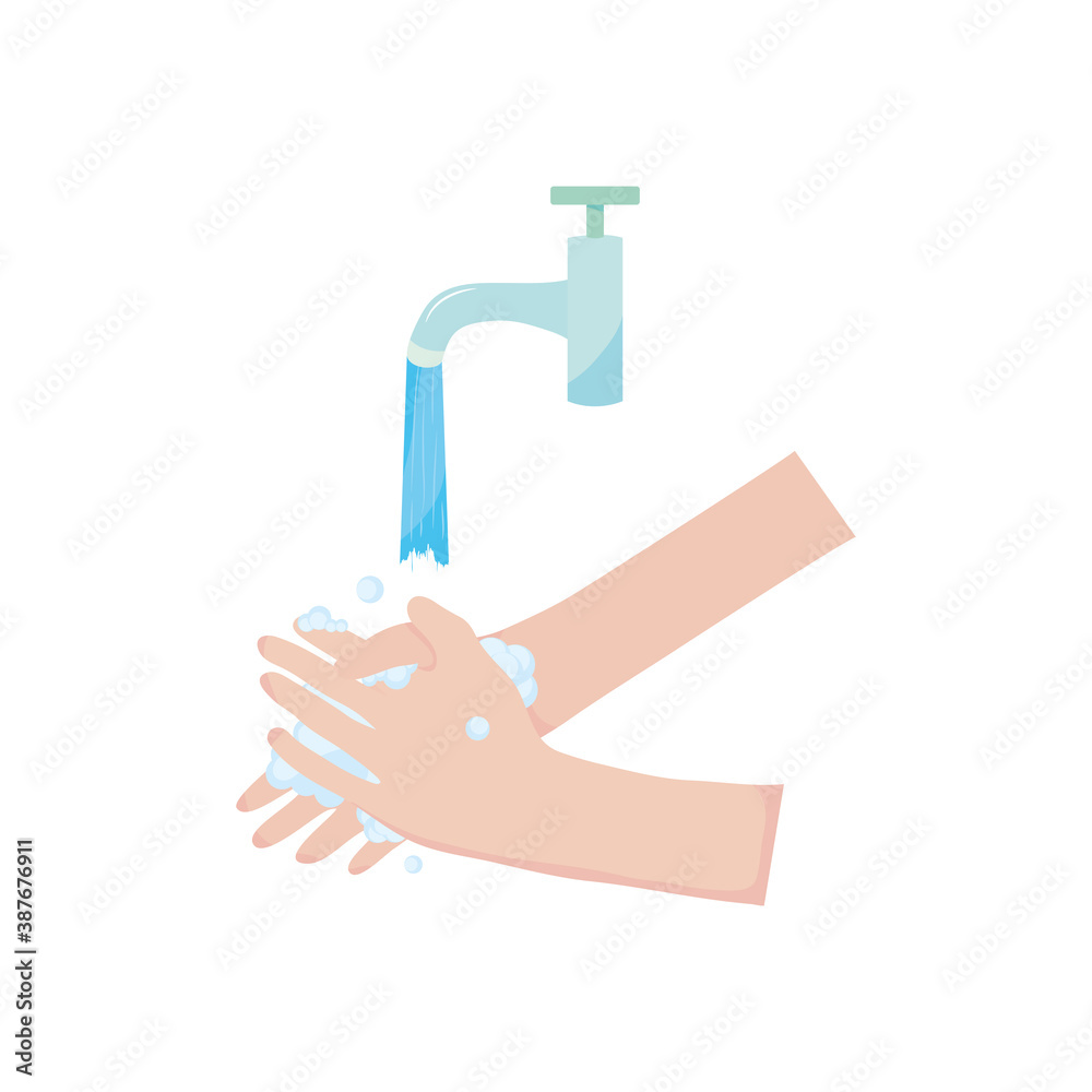 Wall mural icon of water faucet with water falling and hands washing, flat style