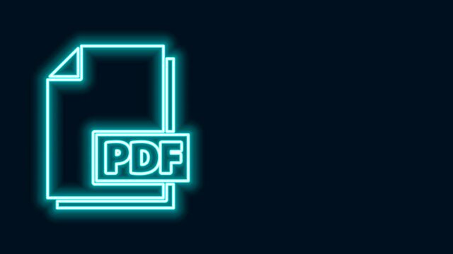 Glowing neon line PDF file document. Download pdf button icon isolated on black background. PDF file symbol. 4K Video motion graphic animation