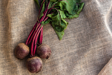 fresh organic beets on jute background in Brazil