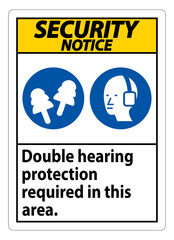 Security Notice Sign Double Hearing Protection Required In This Area With Ear Muffs & Ear Plugs