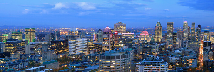 Aerial view of Montreal skyline in autumn illuminated at dusk, Quebec, Canada