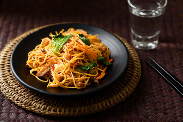 Asian food, stir fried spicy noodle vegetarian food concept