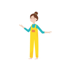 cartoon happy woman wearing overalls, flat style