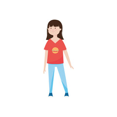 cartoon young woman wearing a hamburger tshirt, flat style