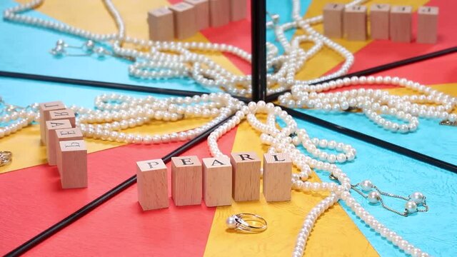 鏡に映るパールの宝飾品とPEARLの文字
