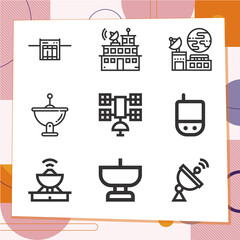 Simple set of 9 icons related to communication satellite