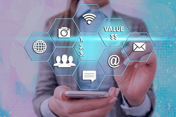 Word writing text Value Dolar. Business photo showcasing the worth of the process id of the currently running process Grids and different set up of the icons latest digital technology concept