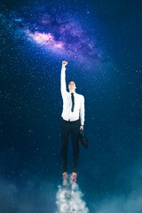 Fototapeta na wymiar Caucasian businessman flying in night sky