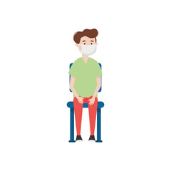cartoon man with mouth mask sitting on a chair, flat style