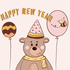 Illustration of cute brown bear in winter costume and a little bee. Happy new year card design.