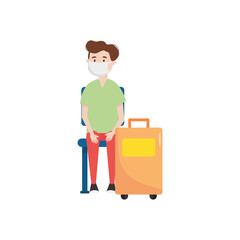 cartoon man with suitcase and medical mask sitting, flat style
