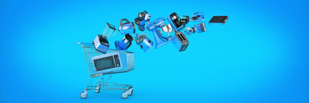 Many Kitchen Appliance Falling In Shopping Cart. 3d Rendering