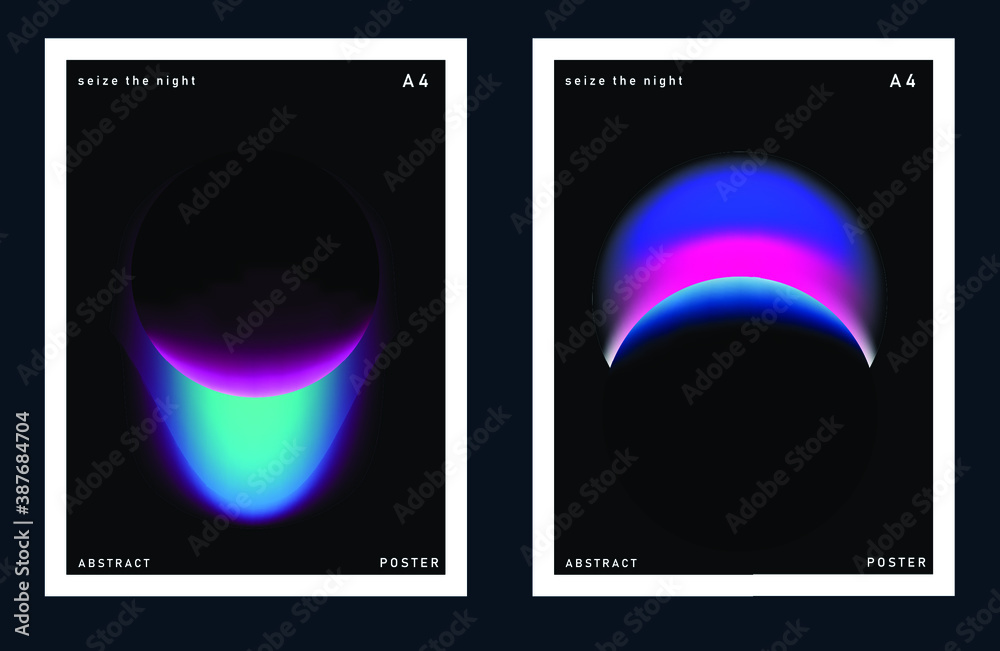 Aufkleber set of minimal posters with abstract composition of glowing neon planets. synthwave and vaporwave st