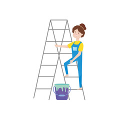 cartoon woman on a stepladder and paint can, flat style