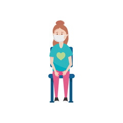 cartoon woman wearing a medical mask sitting, flat style