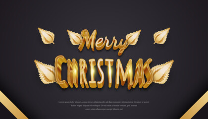 Christmas banner with gold letters and golden pine trees on dark background
