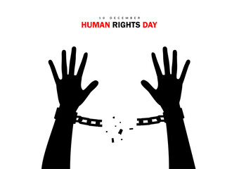 Human rights day. International peace. Silhouette of hand is breaking chain. Concept of freedom from oppression, slavery, equality. Cartoon flat style design on white background. Vector illustration.