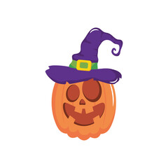 icon of halloween pumpkin with witch hat, flat style