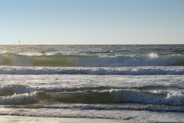 Background of waves coming to shore, tourist travel banner design template, copy space