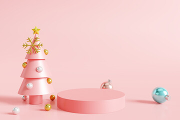 Christmas product display podium on pink background. 3D rendering