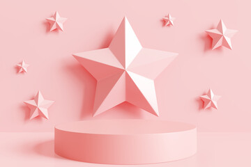 Product display podium with pink star on wall background. 3D rendering
