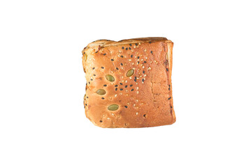 A slice of toast bread with some cereals on it on white background with clipping path