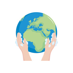 hands with soapy foam with earth planet, flat style