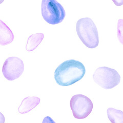 Seamless Purple Blurred Watercolor Pattern. Hand Drawn Shapes. Lilac Ornamental Watercolor Shapes.Violet Geometric Pattern. Repeated Painted Color Shapes. Batik Brush Banner.