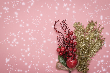 Christmas decoration of two branches on a red background with snow.