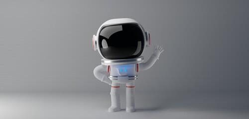 3D concept illustration of an astronaut in white spacesuit waving hand on white background